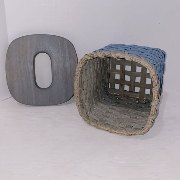 Blue Woven Wicker Basket Tissue Box Holder with Wood Gray Wash Lid - Picture 5 of 11